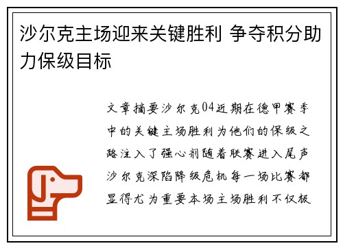 沙尔克主场迎来关键胜利 争夺积分助力保级目标