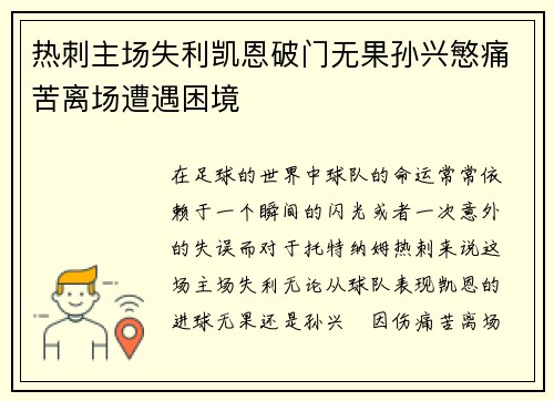 热刺主场失利凯恩破门无果孙兴慜痛苦离场遭遇困境