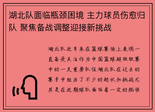 湖北队面临瓶颈困境 主力球员伤愈归队 聚焦备战调整迎接新挑战