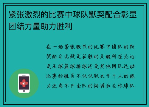 紧张激烈的比赛中球队默契配合彰显团结力量助力胜利