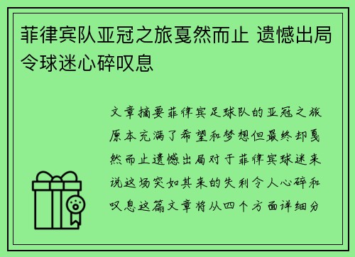 菲律宾队亚冠之旅戛然而止 遗憾出局令球迷心碎叹息