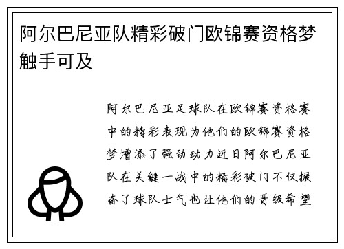 阿尔巴尼亚队精彩破门欧锦赛资格梦触手可及