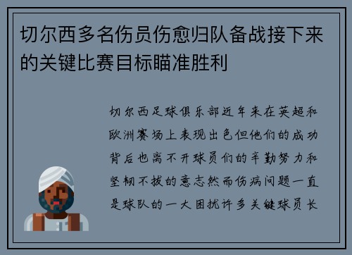 切尔西多名伤员伤愈归队备战接下来的关键比赛目标瞄准胜利