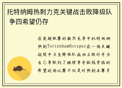 托特纳姆热刺力克关键战击败降级队 争四希望仍存