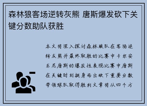 森林狼客场逆转灰熊 唐斯爆发砍下关键分数助队获胜