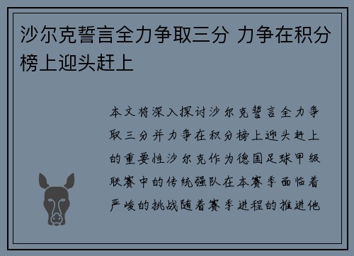 沙尔克誓言全力争取三分 力争在积分榜上迎头赶上