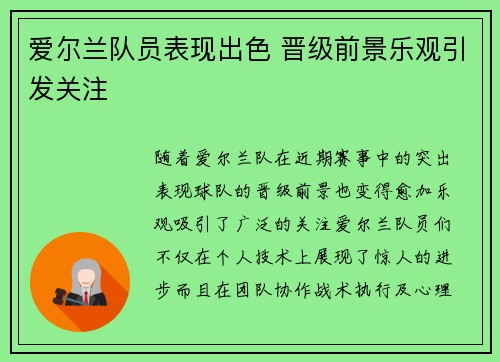 爱尔兰队员表现出色 晋级前景乐观引发关注