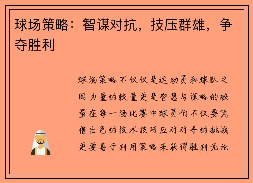 球场策略：智谋对抗，技压群雄，争夺胜利