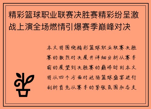 精彩篮球职业联赛决胜赛精彩纷呈激战上演全场燃情引爆赛季巅峰对决