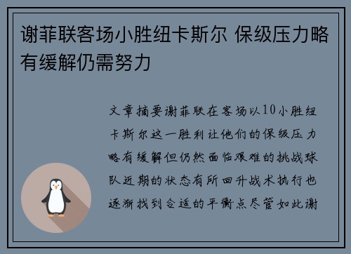 谢菲联客场小胜纽卡斯尔 保级压力略有缓解仍需努力