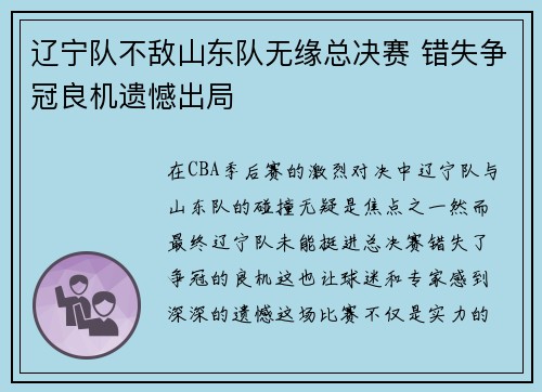 辽宁队不敌山东队无缘总决赛 错失争冠良机遗憾出局